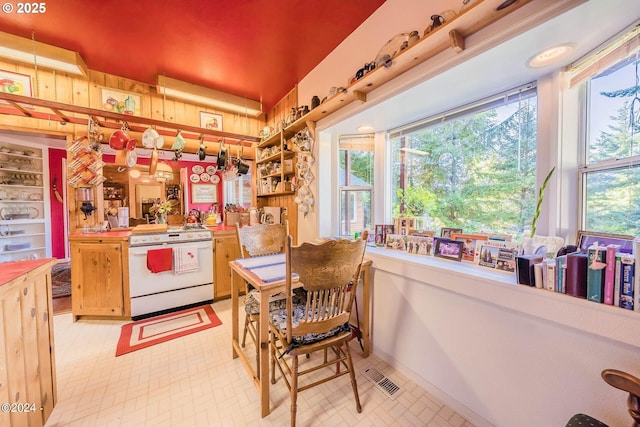 2165 NE E Devils Lake Rd, Otis, OR 97368 - kitchen with white electric stove, healthy amount of natural light, light floors, and open shelves