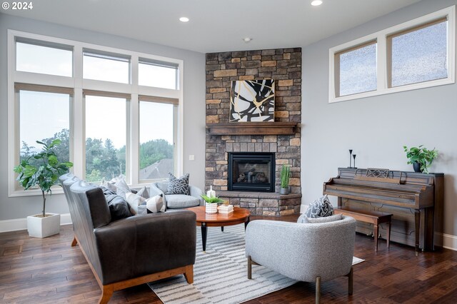 3232 NW Spencer St, Portland, OR 97229 - living area featuring wood finished floors, a stone fireplace, and recessed lighting