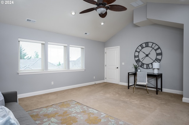 3232 NW Spencer St, Portland, OR 97229 - unfurnished living room featuring light carpet, ceiling fan, lofted ceiling, and recessed lighting