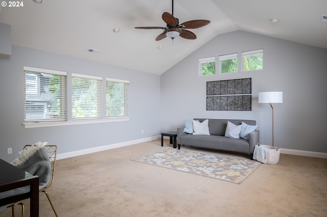 3232 NW Spencer St, Portland, OR 97229 - carpeted living area with plenty of natural light, lofted ceiling, and a ceiling fan