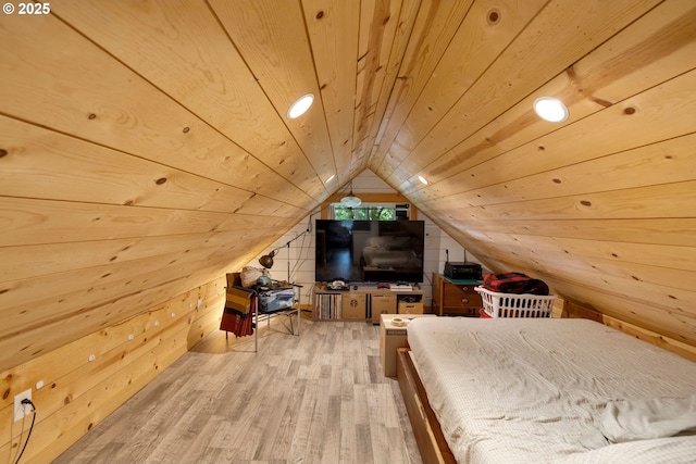 709 10th St, Oregon City, OR 97045 - bedroom featuring wood finished floors, vaulted ceiling, wooden ceiling, and wood walls