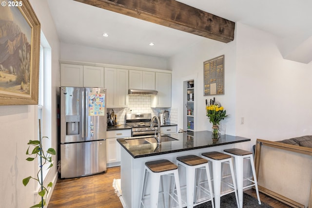 709 10th St, Oregon City, OR 97045 - kitchen with stainless steel appliances, under cabinet range hood, wood finished floors, backsplash, and a sink
