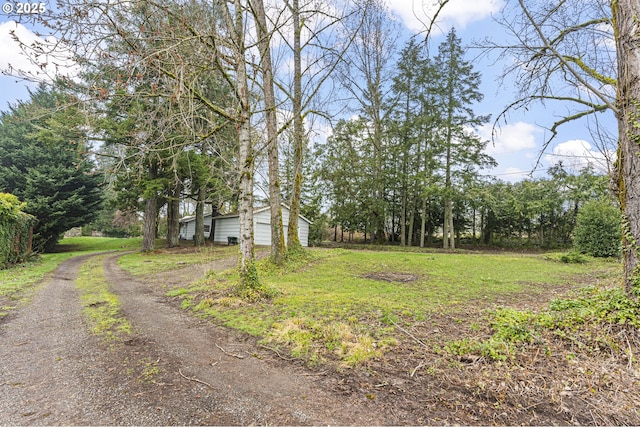 view of yard with driveway and a garage