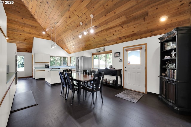 dining area with wood ceiling, high vaulted ceiling, baseboards, and dark wood-type flooring