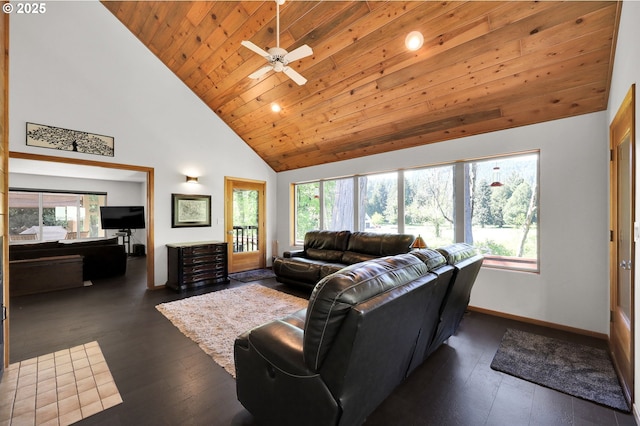 living room with wooden ceiling, high vaulted ceiling, baseboards, dark wood finished floors, and a ceiling fan