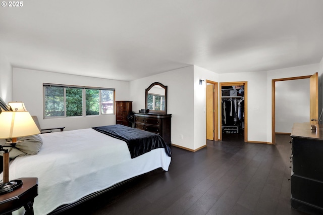 bedroom featuring dark wood-type flooring, baseboards, a walk in closet, and a closet