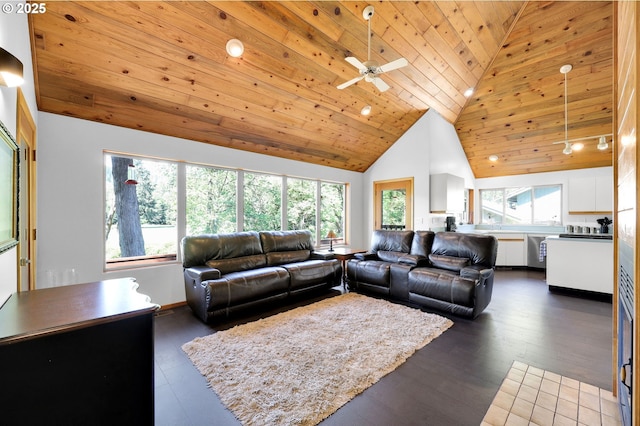 living area featuring healthy amount of natural light, wooden ceiling, high vaulted ceiling, a ceiling fan, and dark wood-type flooring