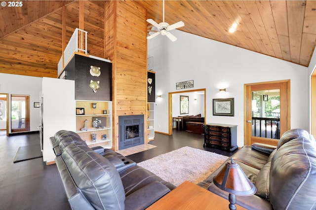 living room with wooden ceiling, healthy amount of natural light, a ceiling fan, high vaulted ceiling, and a fireplace with flush hearth