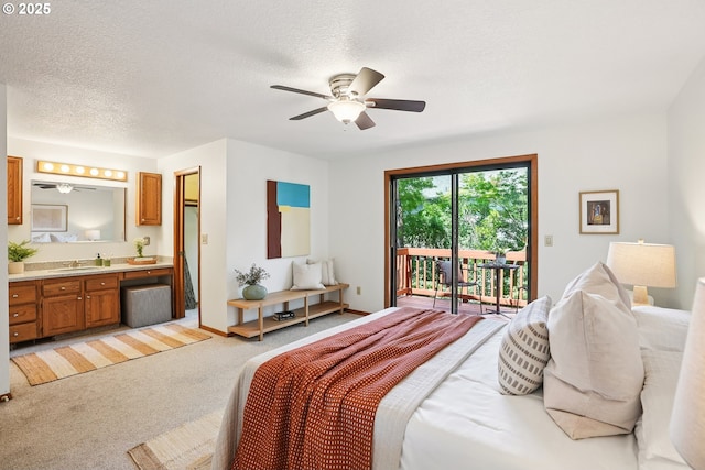 2027 SE Lexington St, Portland, OR 97202 - bedroom with access to exterior, light colored carpet, connected bathroom, a textured ceiling, and ceiling fan