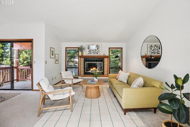 2027 SE Lexington St, Portland, OR 97202 - living area with a tile fireplace and lofted ceiling