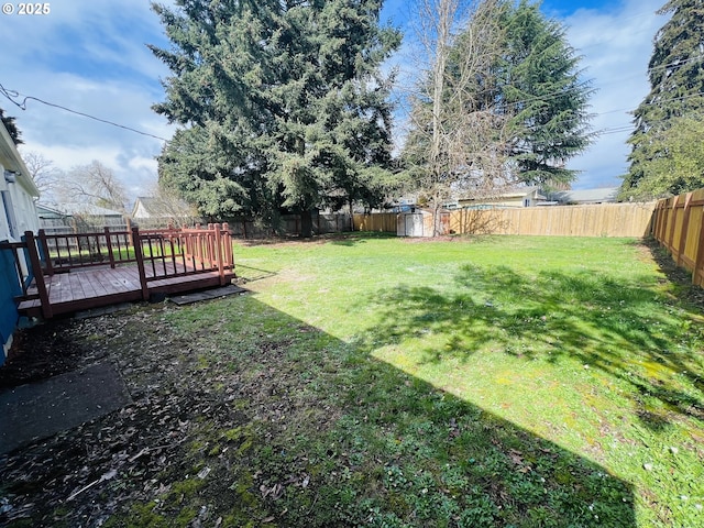 view of yard featuring a wooden deck and a fenced backyard