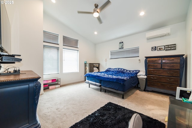 213 SE 1st Ave, Battle Ground, WA 98604 - bedroom featuring a wall mounted AC, carpet, vaulted ceiling, a ceiling fan, and recessed lighting
