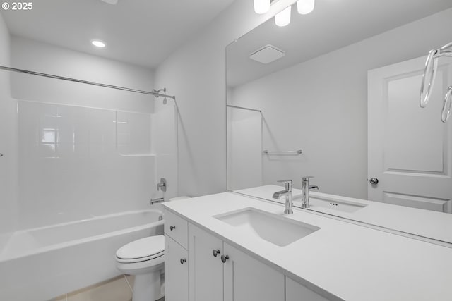bathroom featuring washtub / shower combination, recessed lighting, tile patterned floors, toilet, and vanity