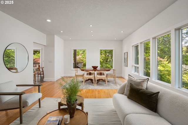 living area with healthy amount of natural light, light wood-style floors, recessed lighting, baseboards, and a textured ceiling