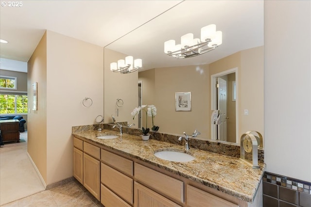 7445 SW Canyon Dr, Portland, OR 97225 - full bathroom with double vanity, a chandelier, tile patterned floors, and ensuite bathroom