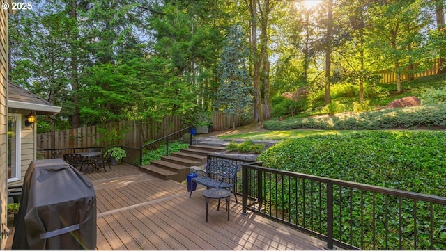 7445 SW Canyon Dr, Portland, OR 97225 - wooden deck featuring a fenced backyard and area for grilling