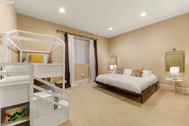 bedroom with baseboards, carpet, and recessed lighting