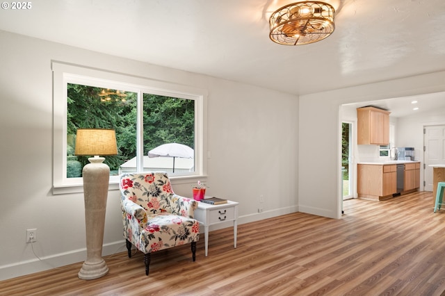 living area featuring baseboards and light wood finished floors