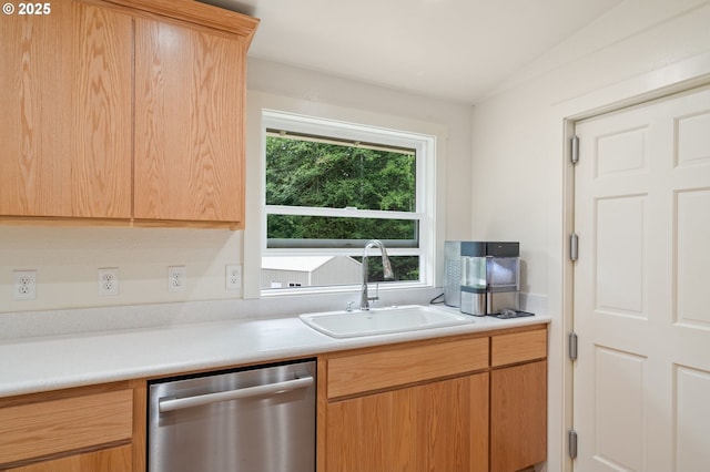 kitchen featuring a sink, light countertops, lofted ceiling, and dishwasher
