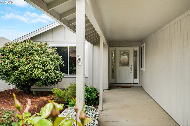 entrance to property with board and batten siding