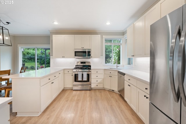 2233 NW Oxford St, Camas, WA 98607 - kitchen with appliances with stainless steel finishes, a peninsula, a sink, light wood-style flooring, and healthy amount of natural light