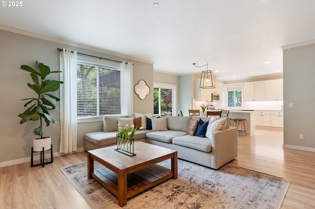 2233 NW Oxford St, Camas, WA 98607 - living room with plenty of natural light, light wood finished floors, baseboards, crown molding, and recessed lighting