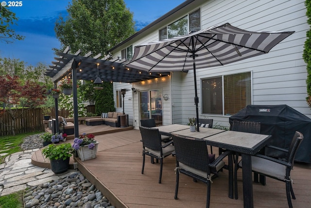 2233 NW Oxford St, Camas, WA 98607 - wooden terrace featuring a pergola, outdoor dining space, area for grilling, and an outdoor living space