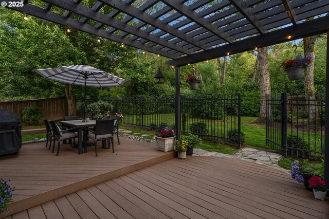 2233 NW Oxford St, Camas, WA 98607 - wooden terrace with outdoor dining space and a pergola