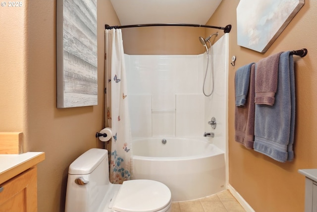 full bathroom featuring tile patterned flooring, vanity, baseboards, toilet, and shower / bathtub combination with curtain