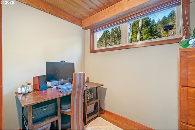 home office with wood ceiling and hardwood / wood-style flooring