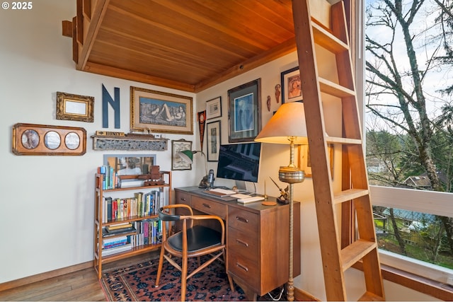 home office featuring wood-type flooring and wooden ceiling