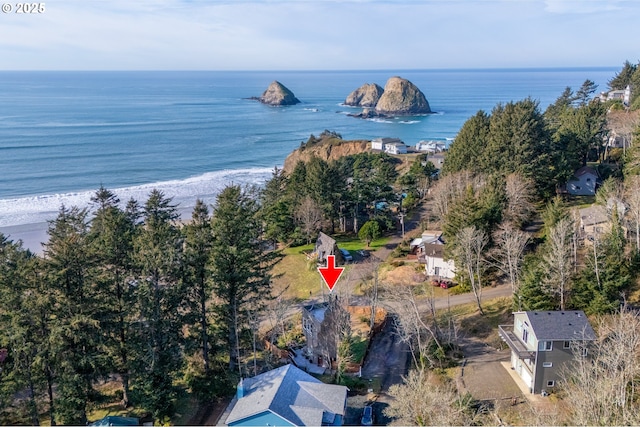 bird's eye view with a water view and a beach view