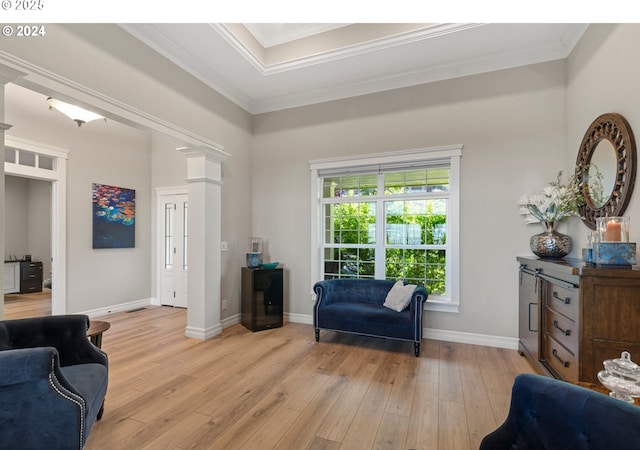 217 Deal Canyon Rd, La Grande, OR 97850 - living area with light wood-style floors, baseboards, ornamental molding, decorative columns, and a high ceiling