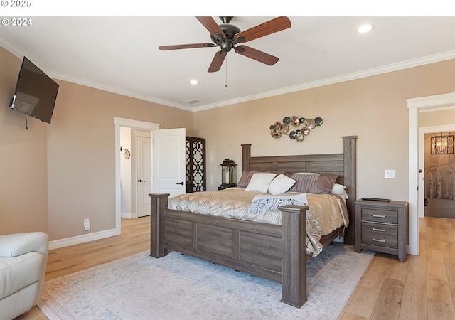 217 Deal Canyon Rd, La Grande, OR 97850 - bedroom featuring light wood-type flooring, ornamental molding, recessed lighting, baseboards, and a ceiling fan