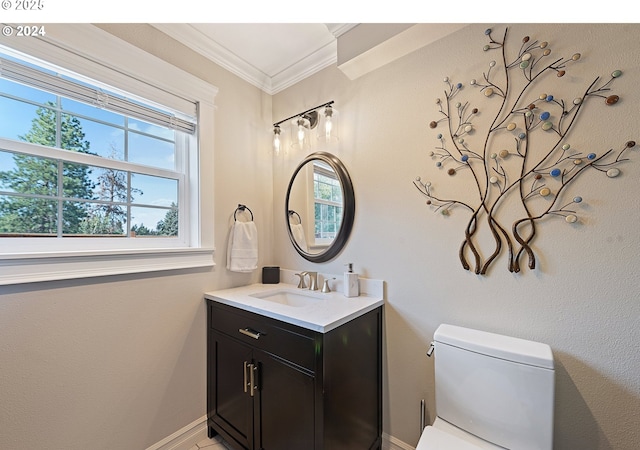 217 Deal Canyon Rd, La Grande, OR 97850 - bathroom with plenty of natural light, toilet, vanity, crown molding, and baseboards