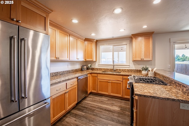 2250 Jeppesen Acres Rd, Eugene, OR 97401 - kitchen featuring appliances with stainless steel finishes, a sink, dark wood-type flooring, a peninsula, and light stone countertops