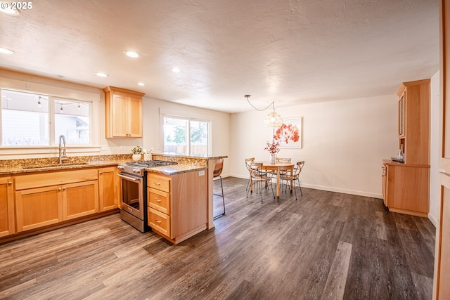 2250 Jeppesen Acres Rd, Eugene, OR 97401 - kitchen featuring stainless steel range, a sink, a peninsula, dark wood-style flooring, and a breakfast bar