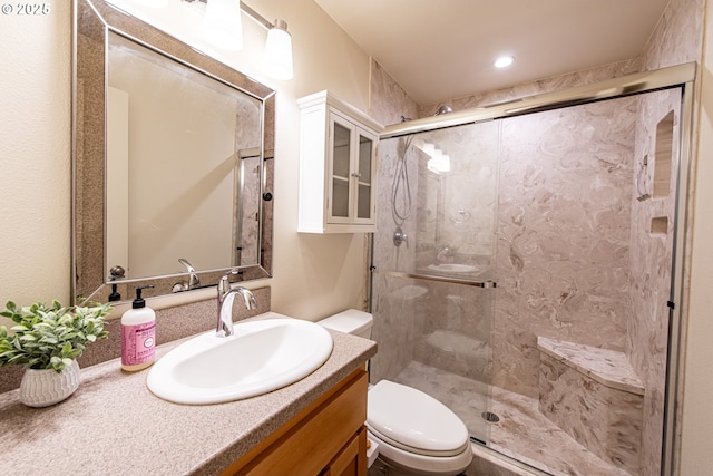 2250 Jeppesen Acres Rd, Eugene, OR 97401 - bathroom with toilet, a shower stall, vanity, and recessed lighting