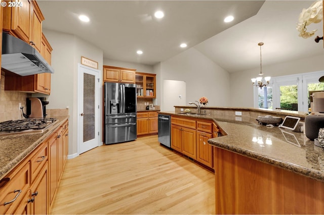 kitchen featuring brown cabinetry, light wood-style flooring, appliances with stainless steel finishes, under cabinet range hood, and a sink