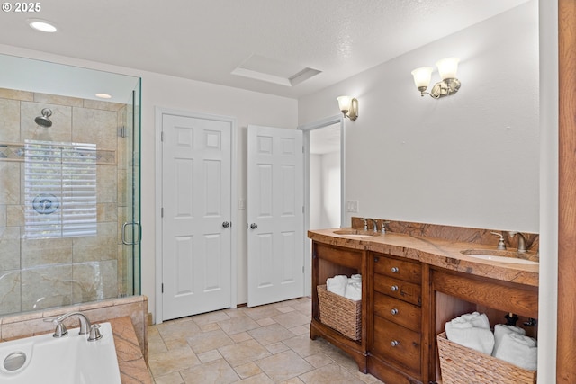 bathroom with plus walk in shower and vanity