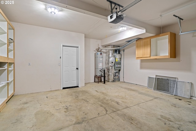 garage featuring a garage door opener, gas water heater, and heating unit