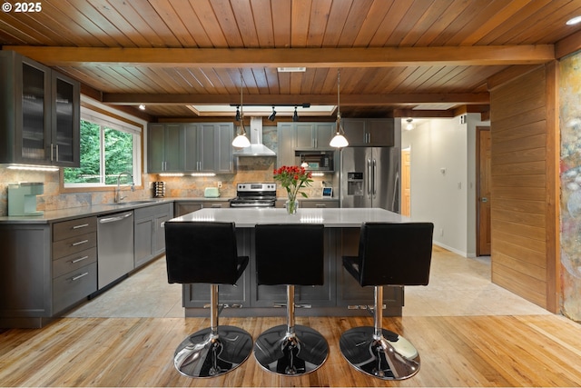 3144 Diane Dr, Lake Oswego, OR 97035 - kitchen featuring stainless steel appliances, a sink, wall chimney exhaust hood, backsplash, and beamed ceiling