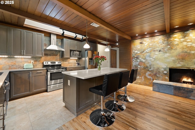 3144 Diane Dr, Lake Oswego, OR 97035 - kitchen featuring stainless steel appliances, wall chimney exhaust hood, wooden ceiling, decorative backsplash, and light countertops