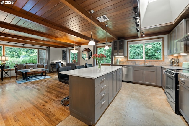 3144 Diane Dr, Lake Oswego, OR 97035 - kitchen featuring appliances with stainless steel finishes, gray cabinetry, tasteful backsplash, a sink, and beamed ceiling