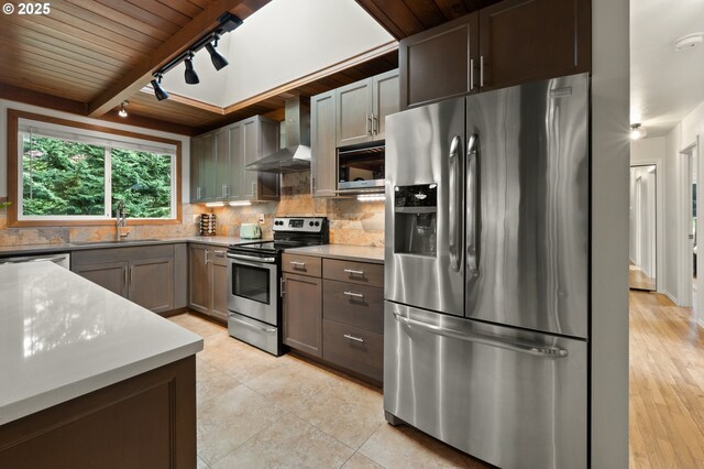3144 Diane Dr, Lake Oswego, OR 97035 - kitchen with appliances with stainless steel finishes, wall chimney exhaust hood, tasteful backsplash, a sink, and light countertops
