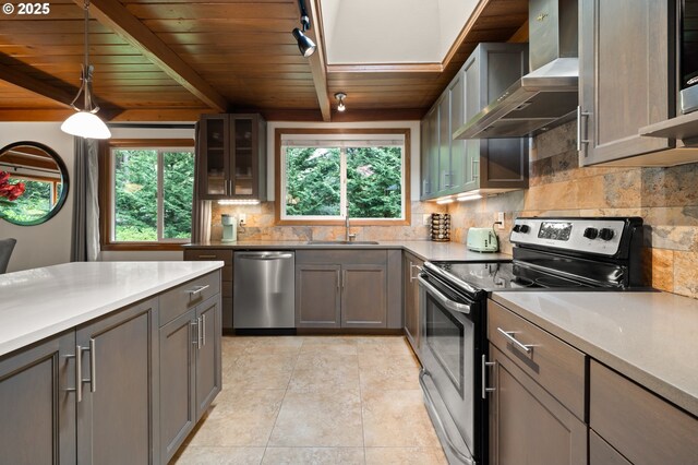 3144 Diane Dr, Lake Oswego, OR 97035 - kitchen featuring stainless steel appliances, a sink, wall chimney range hood, decorative backsplash, and wooden ceiling