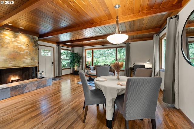 3144 Diane Dr, Lake Oswego, OR 97035 - dining space featuring beam ceiling, wood ceiling, wood finished floors, healthy amount of natural light, and a premium fireplace