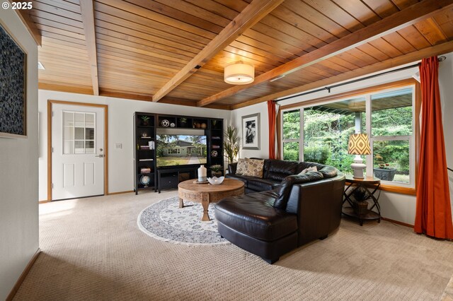 3144 Diane Dr, Lake Oswego, OR 97035 - carpeted living area with beamed ceiling, baseboards, and wood ceiling