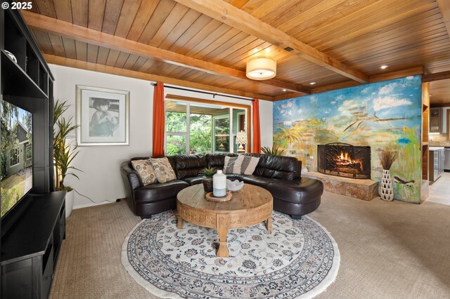 3144 Diane Dr, Lake Oswego, OR 97035 - carpeted living area with wooden ceiling, a stone fireplace, and beam ceiling