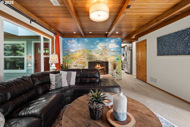 3144 Diane Dr, Lake Oswego, OR 97035 - living room featuring light colored carpet, a stone fireplace, wooden ceiling, baseboards, and beam ceiling